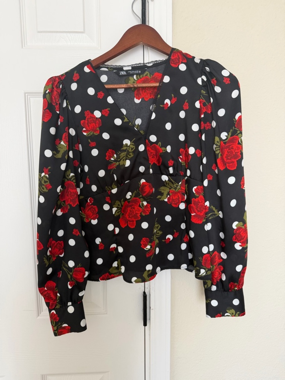 ZARA Black White Polka Dot with Red Floral V‑Neck Blouse - Picture 2 of 3